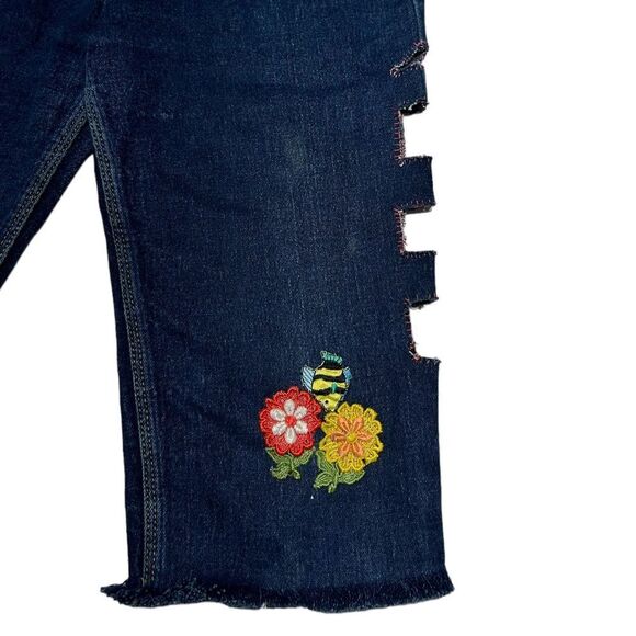 Upcycled Hand Altered High Rise Capris Jean Shorts Side Cutouts Flower Patch - Picture 2 of 9